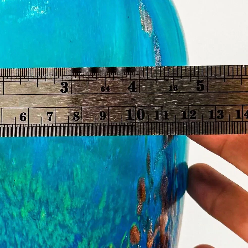 Dale Tiffany Vase Art Glass Teal Blue and Copper Applied Handles 9.5